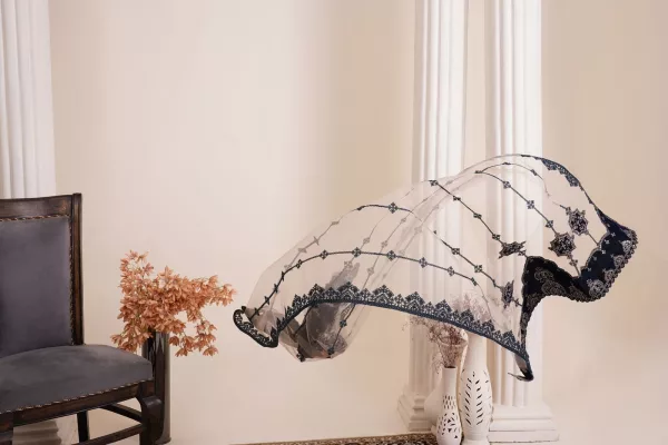 White organza dupatta with black embroidery, floating against a plain background