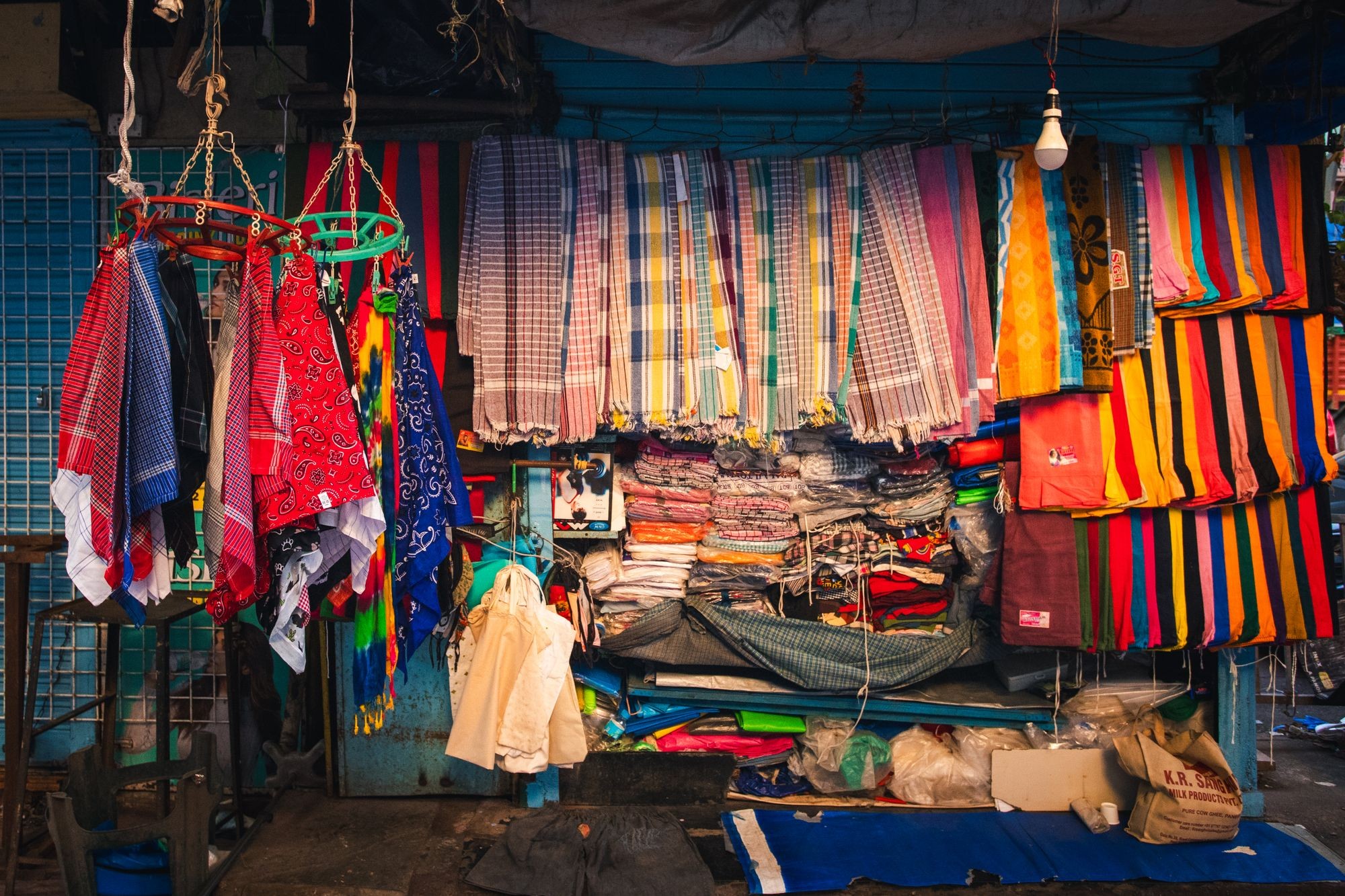 A colourful fabric stall in an Indian market
